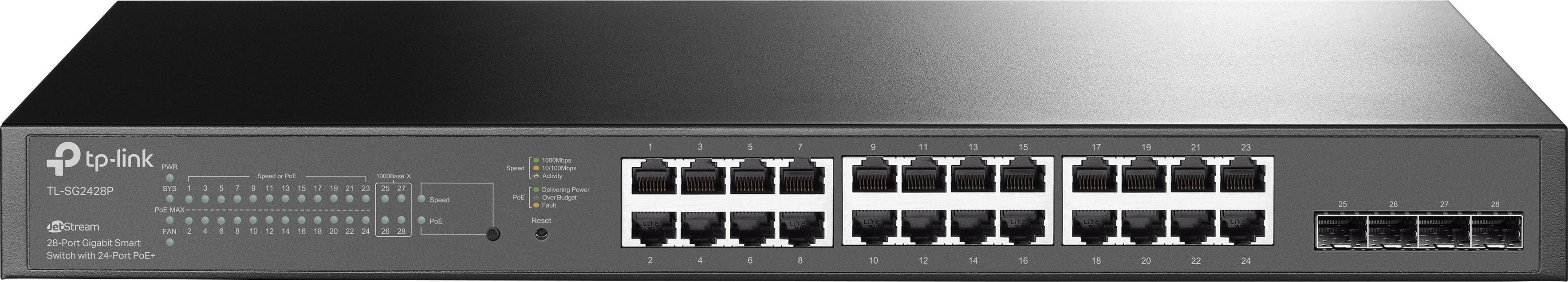 Egy fekete házú, TP-Link logóval ellátott 24 portos hálózati switch. Az előlapján LED-ek és csatlakozó portok láthatók.