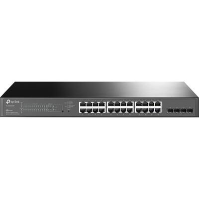 Egy fekete házú, TP-Link logóval ellátott 24 portos hálózati switch. Az előlapján LED-ek és csatlakozó portok láthatók.