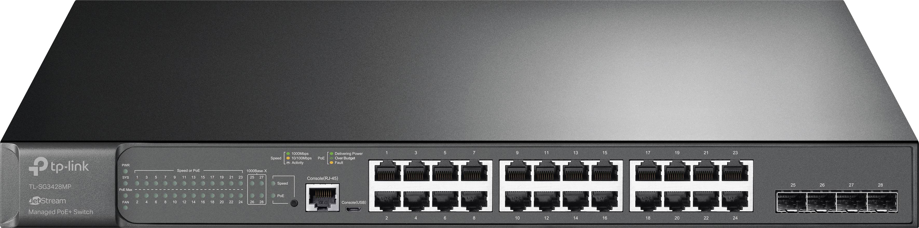 Fekete-szürke hálózati switch 24 Ethernet- és 4 optikai csatlakozóval, alkalmas nagy adatátviteli igényekhez.