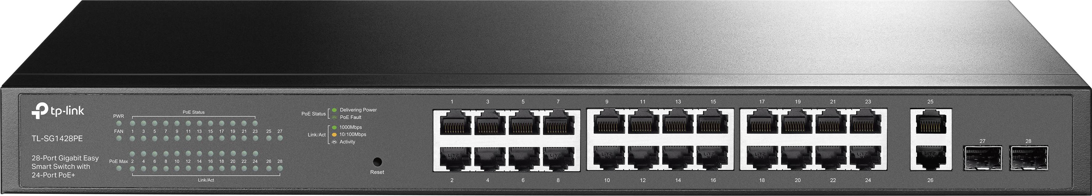 Egy fekete TP-Link hálózati switch, amely 24 Ethernet-porttal és több LED-es állapotjelzővel rendelkezik az elülső oldalán.