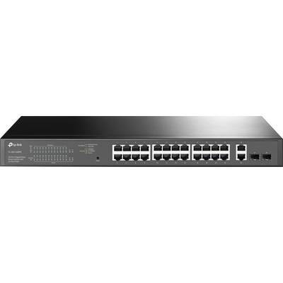 Egy fekete TP-Link hálózati switch, amely 24 Ethernet-porttal és több LED-es állapotjelzővel rendelkezik az elülső oldalán.