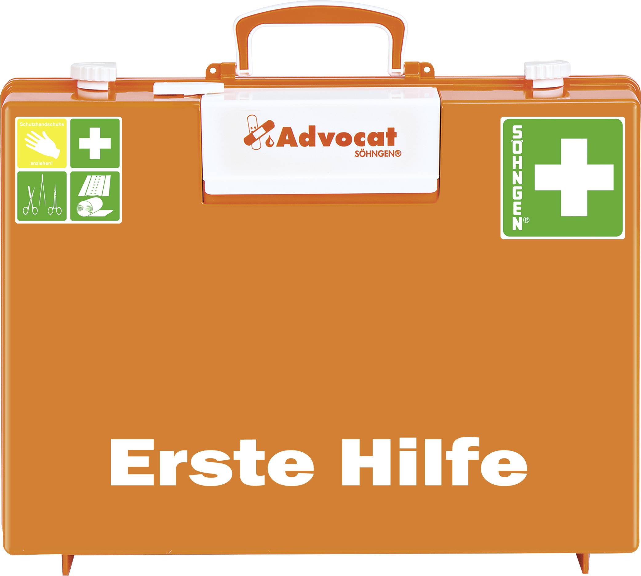 Narancssárga elsősegély-doboz "Elsősegély" felirattal, zöld orvosi szimbólumokkal és fogantyúval.