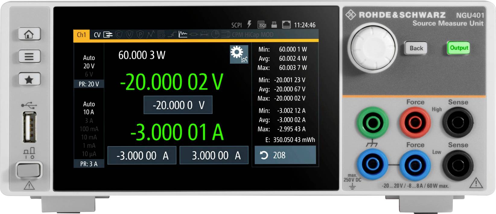 'Rohde & Schwarz NGU401' mérőkészülék digitális kijelzővel mutatja az értékeket: -20.000 V, -3.000 A, 60.000 W. Több csatlakozó látható.