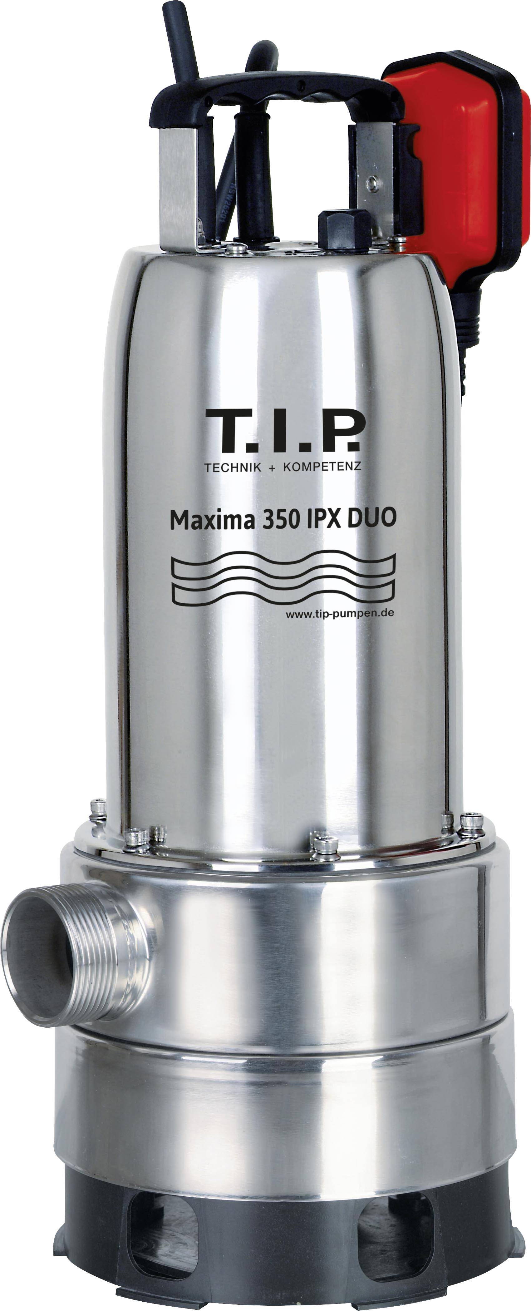 Egy ezüstszínű merülőszivattyú 'T.I.P. Maxima 350 IPX DUO' felirattal, vízszivattyúzásra alkalmas.