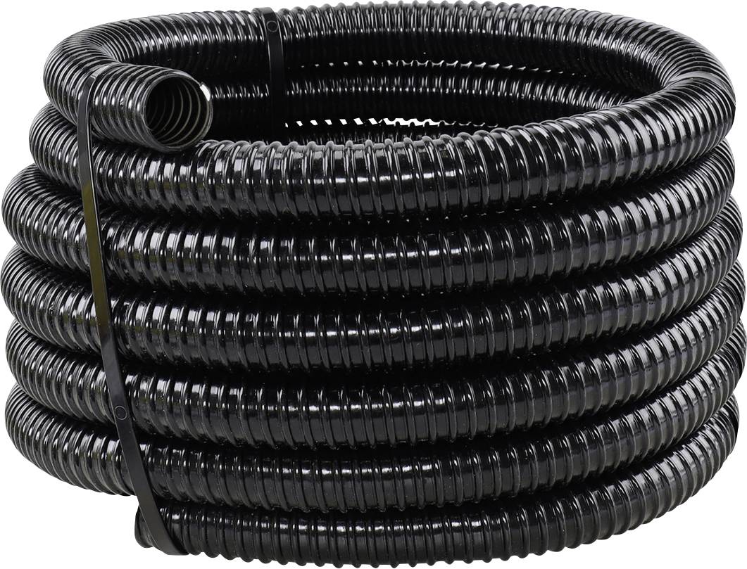 Egy nagy, fekete műanyag tömlőtekercs, amely ipari alkalmazásokban kábelek védelméhez megfelelő.
