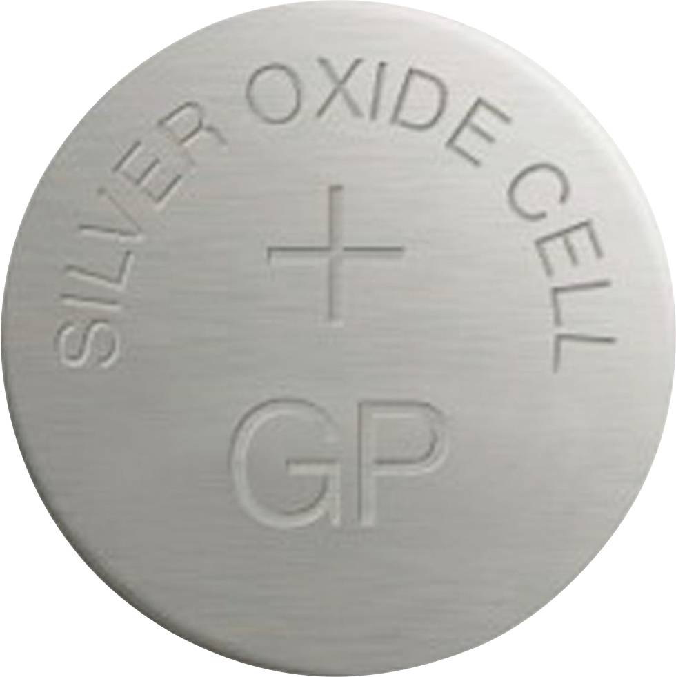 Kerek ezüst-oxid elem gravírozással: 'SILVER OXIDE CELL + GP'.