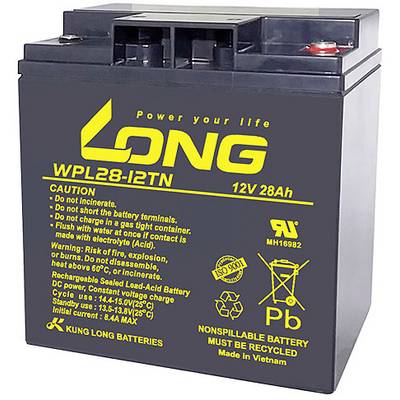 Fekete akkumulátor sárga szöveggel: 'LONG WPL28-12TN, 12V 28Ah'. Biztonsági és újrahasznosítási útmutató. Gyártó: 'KUNG LONG BATTERIES'.