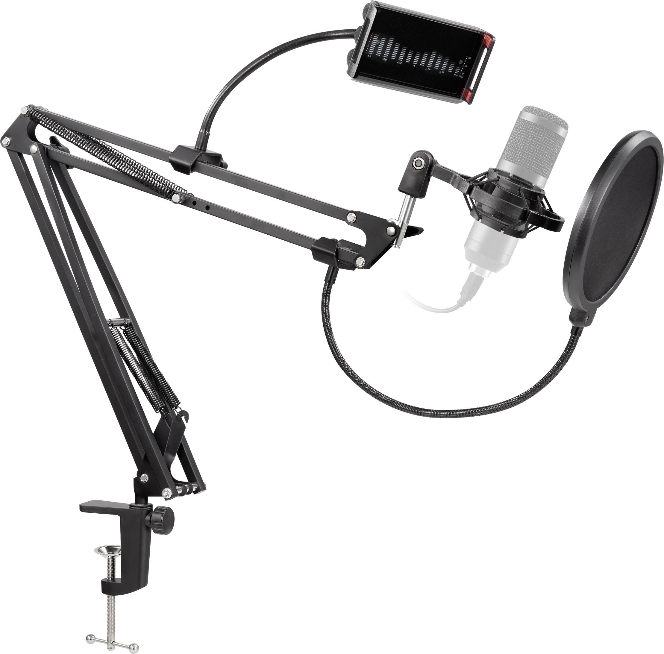 Mikrofonállvány mikrofonna, PopFilter-rel és mobiltelefon-tartóval, alkalmas hangfelvételekhez vagy podcast rögzítéséhez.