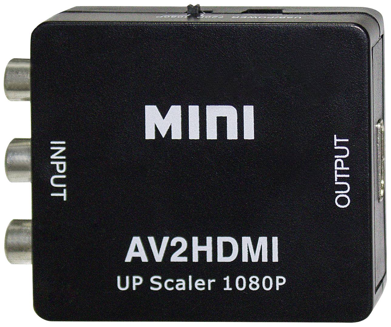 Egy fekete-fehér eszköz három bemeneti csatlakozóval bal oldalon és egy kimeneti csatlakozóval jobb oldalon, amelyen a „MINI AV2HDMI UP Scaler 1080P" felirat szerepel.