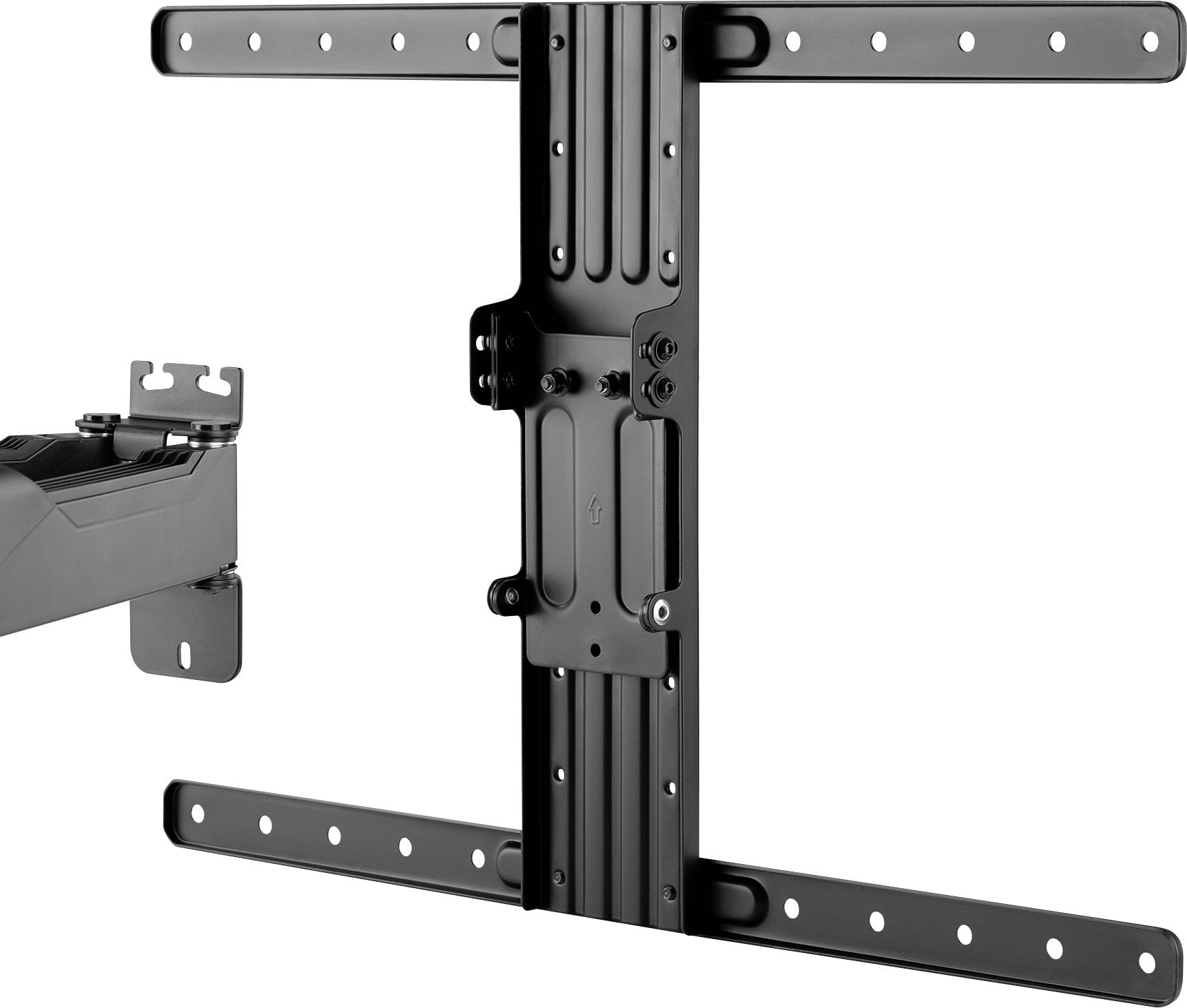 Fekete, fémből készült TV-fali tartókonzol. Rugalmasan mozgatható karral rendelkezik a képernyő könnyű beállításához.