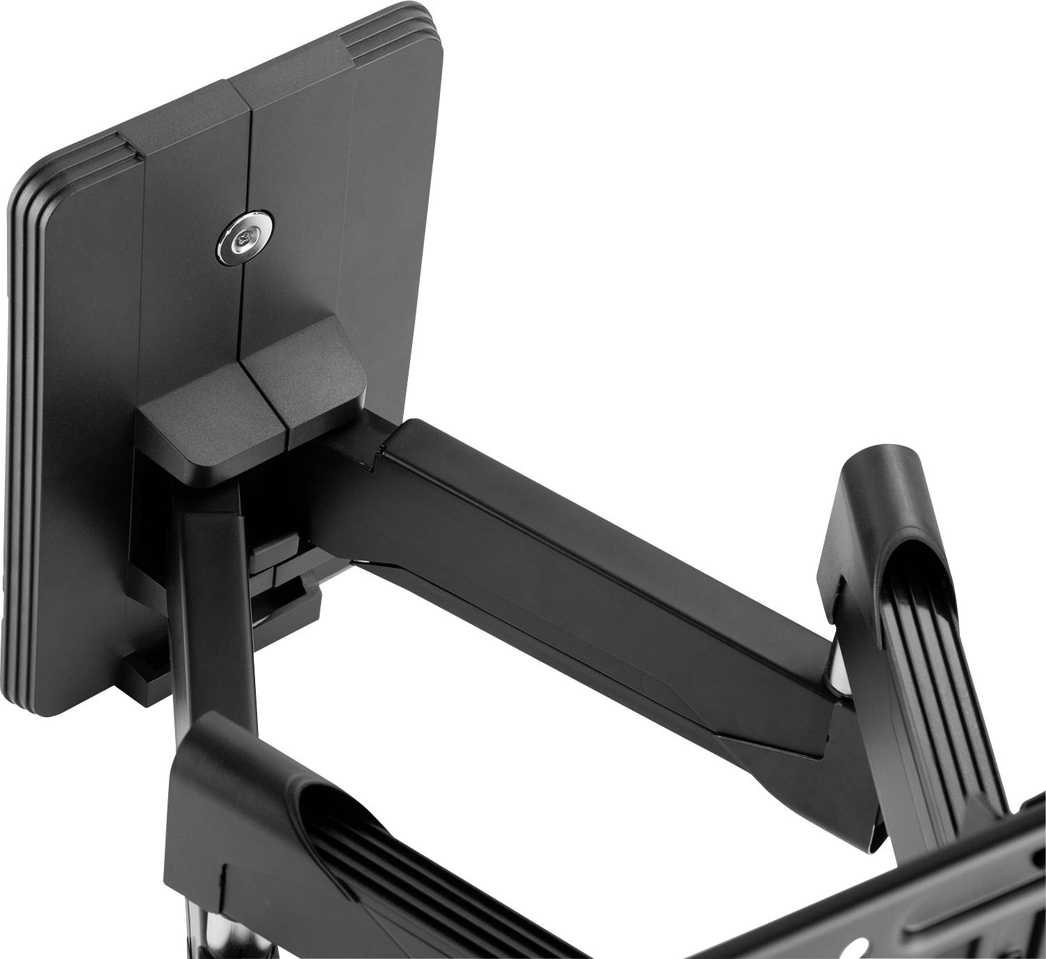 Egy fekete, állítható, több csuklóval rendelkező monitorkar fehér háttér előtt, amely alkalmas a képernyő magasságának és dőlésszögének beállítására.