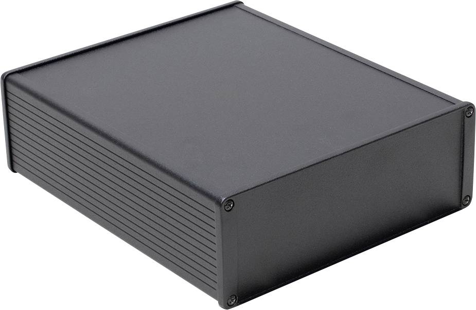 Egy kerek sarkú, téglalap alakú, fekete fémdoboz, amely tökéletesen alkalmas elektronikai alkatrészek befogadására.