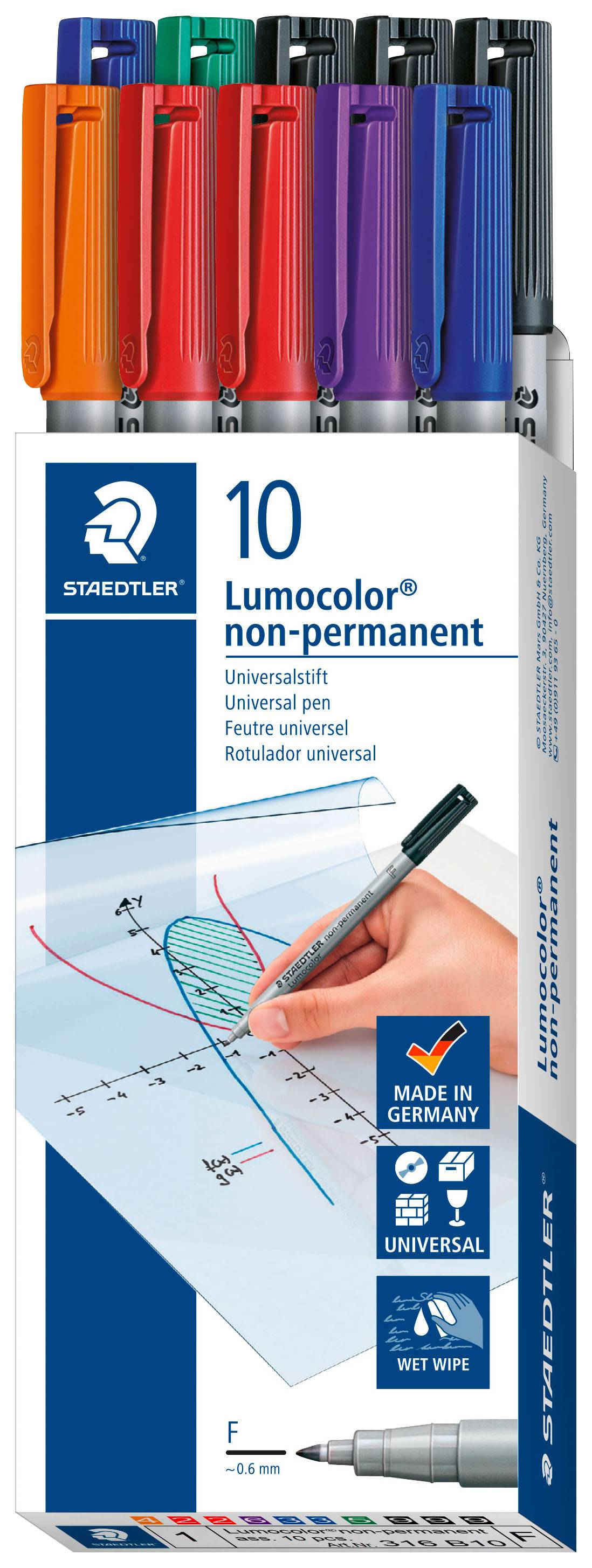 10 darabos, nem állandó Staedtler Lumocolor filctoll doboz. A csomagoláson egy kéz látható, amint fóliára ír.