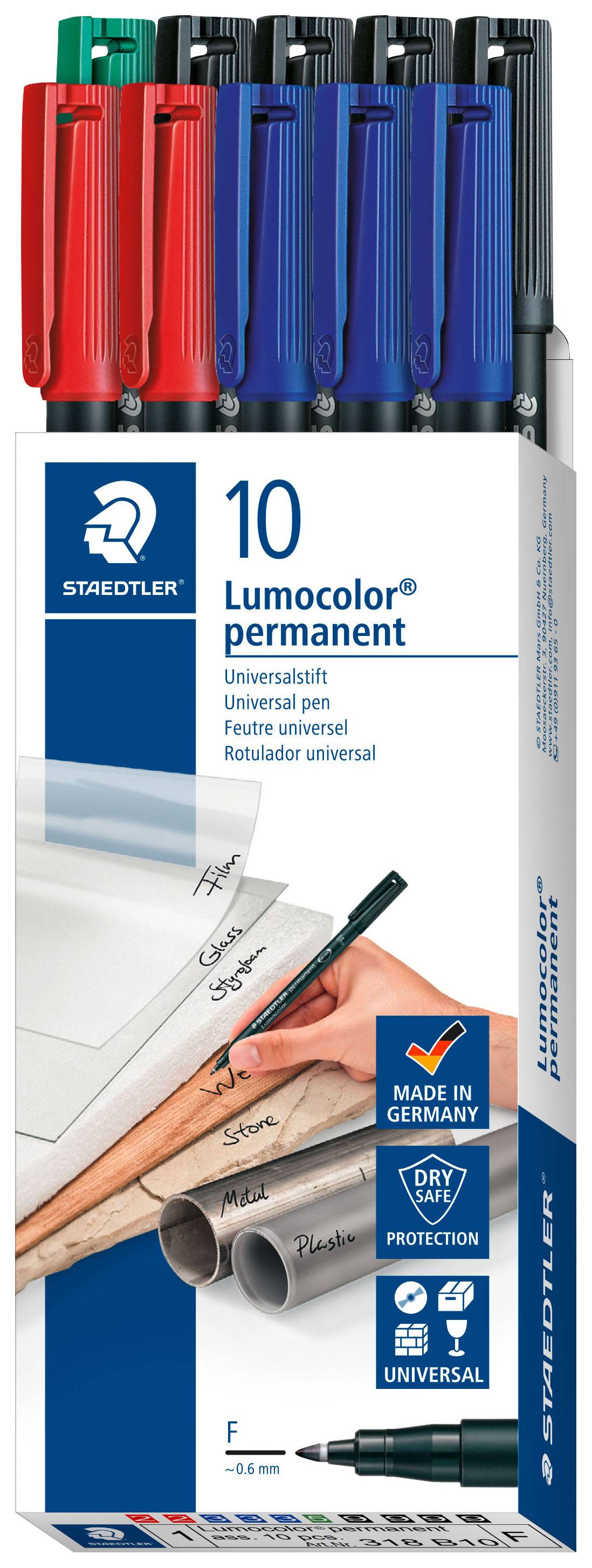 'Lumocolor permanent' filctollak Staedtlertől: 10 darabos csomag piros, kék, fekete, zöld színekben. Alkalmazható papírra, CD-re, üvegre, műanyagra. Németországban gyártva.
