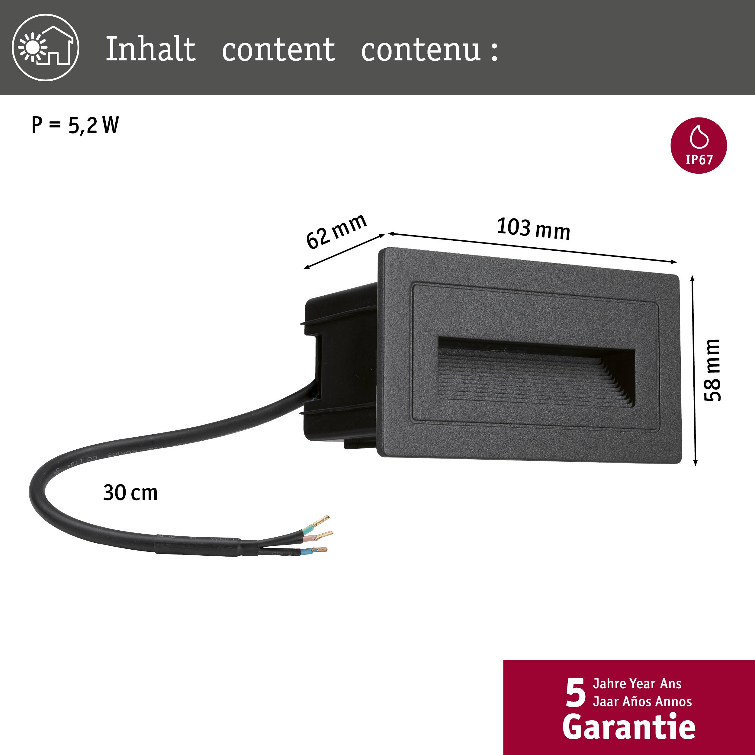 'Fekete LED-lámpa kábellel és IP67 védelemmel, méret: 62mm x 103mm x 58mm, teljesítmény: 5,2W, 5 év garancia'