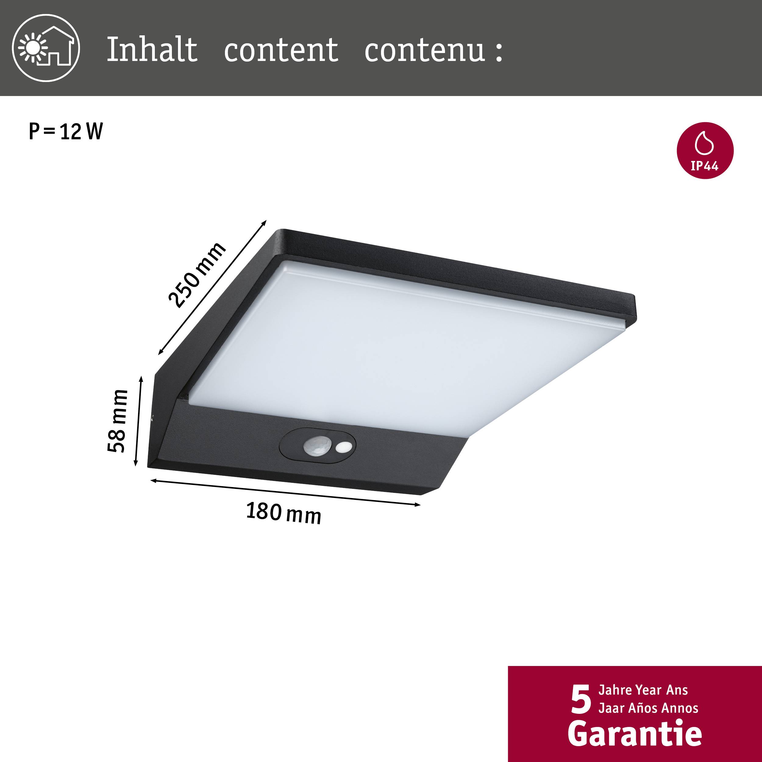 Négyzet alakú LED-lámpa mozgásérzékelővel, 12W teljesítmény, mérete 250x180x58 mm, IP44 védettség, 5 év garancia.