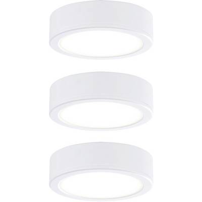 Három kerek, fehér LED-mennyezeti lámpa függőleges sorban. Energiatakarékos beltéri világítási megoldás.