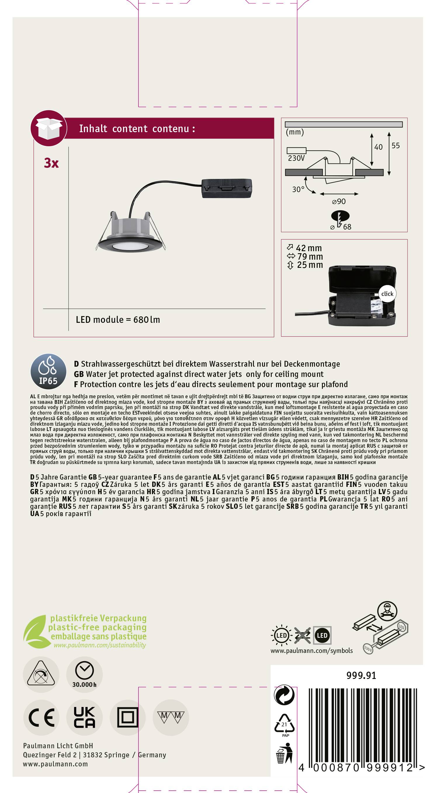 A LED-lámpa csomagolásának hátoldala. Tartalmaz 3 modult, egyenként 680 lumennel. Az ábrák telepítési részleteket mutatnak. Fröccsenő víz ellen védett. IP65 besorolású. Újrahasznosítási jelzés megtalálható.