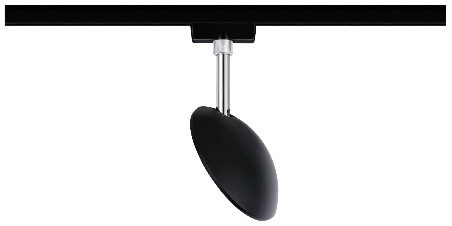 Egy fekete, kerek burkolatú hangszóró lóg egy ezüst tartókonzolról egy képernyő alatt. Minimalista dizájn.
