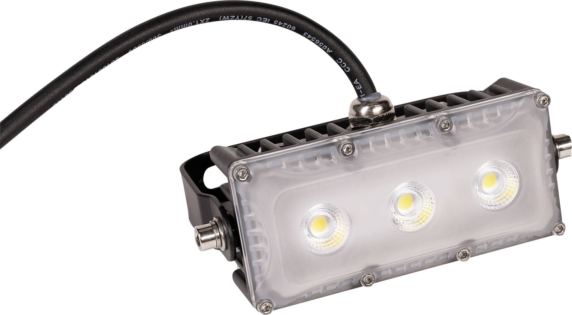 Egy téglalap alakú LED-reflektor három fényes világítóelemmel és egy fekete tápkábellel.