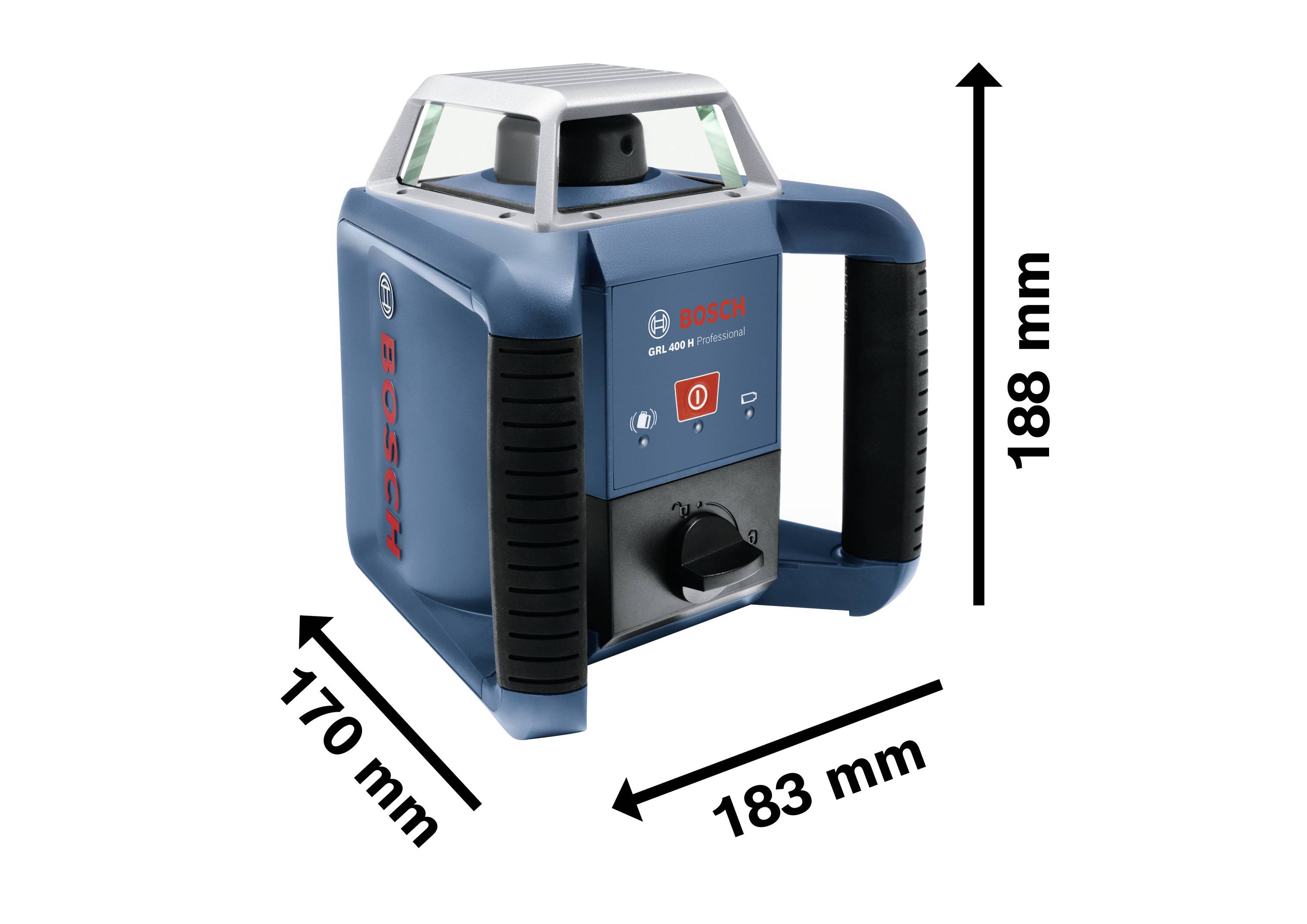 Kék Bosch forgólézer fogantyúkkal mindkét oldalán, méretei 188 mm magas, 170 mm mély és 183 mm széles.