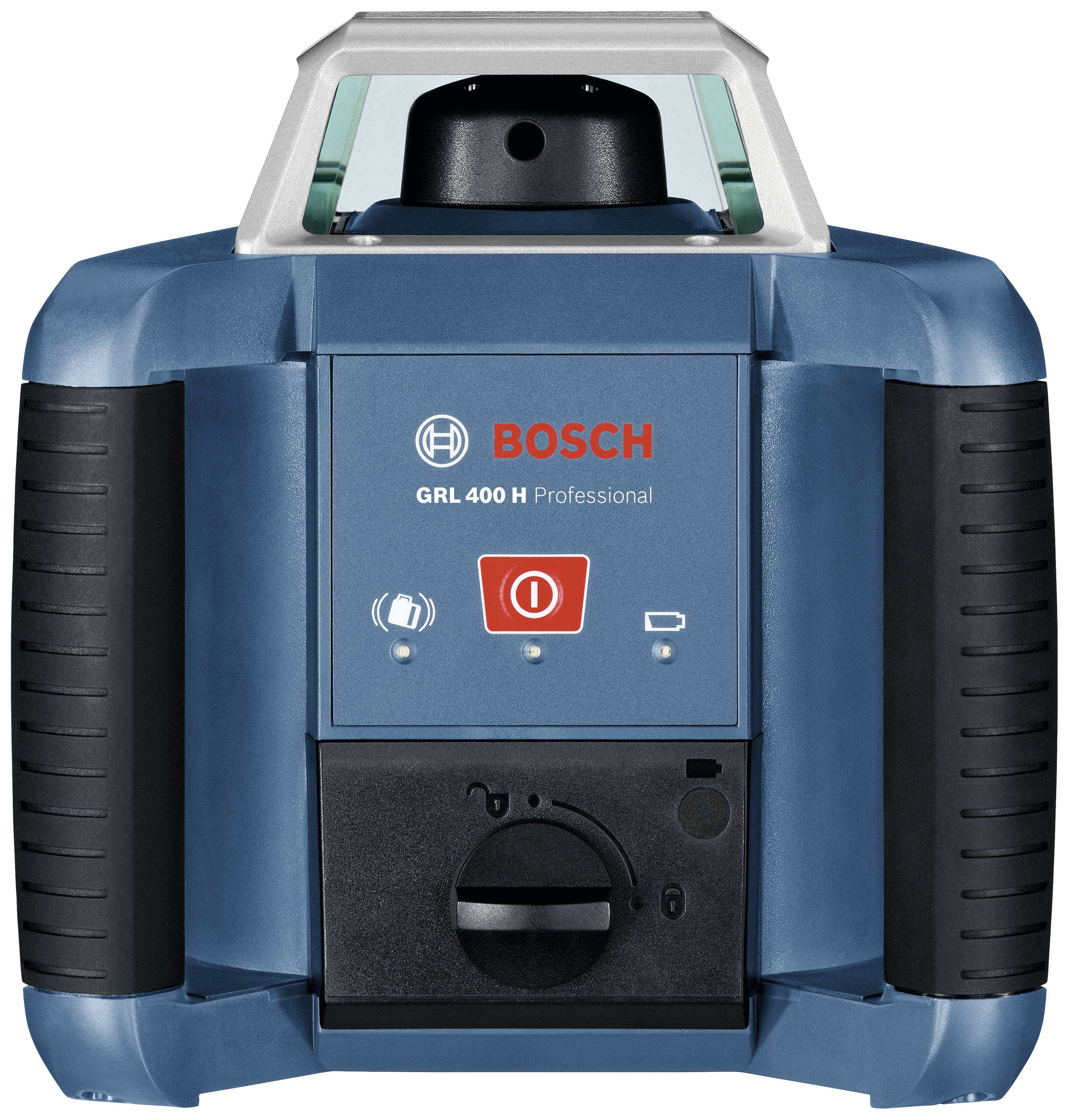 Kék Bosch GRL 400 H Professional rotációs lézer, robusztus kivitel, központi kezelőszervek elöl, kültéri építési projektekhez alkalmas.