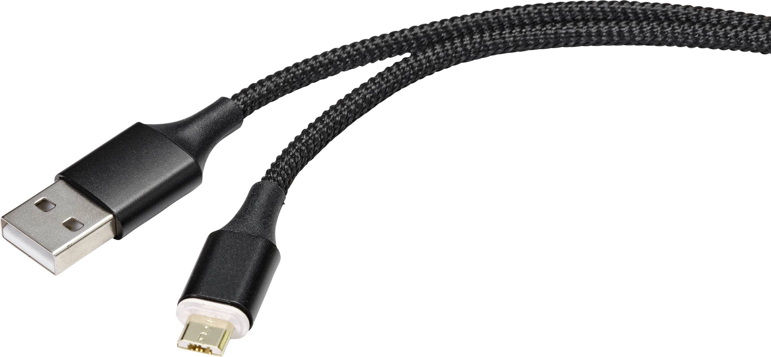 Egy fekete, fonott USB-kábel USB-A és Micro-USB csatlakozóval, adatátvitelre és töltésre alkalmas.