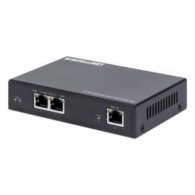 Egy fekete Intellinet hálózati POE-injektor két Ethernet-porttal az elején és szellőzőnyílásokkal az oldalán.