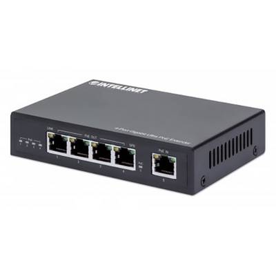 Hálózati switch öt Ethernet-porttal; négy kimeneti, egy bemeneti port. Márka logó a felső oldalán.