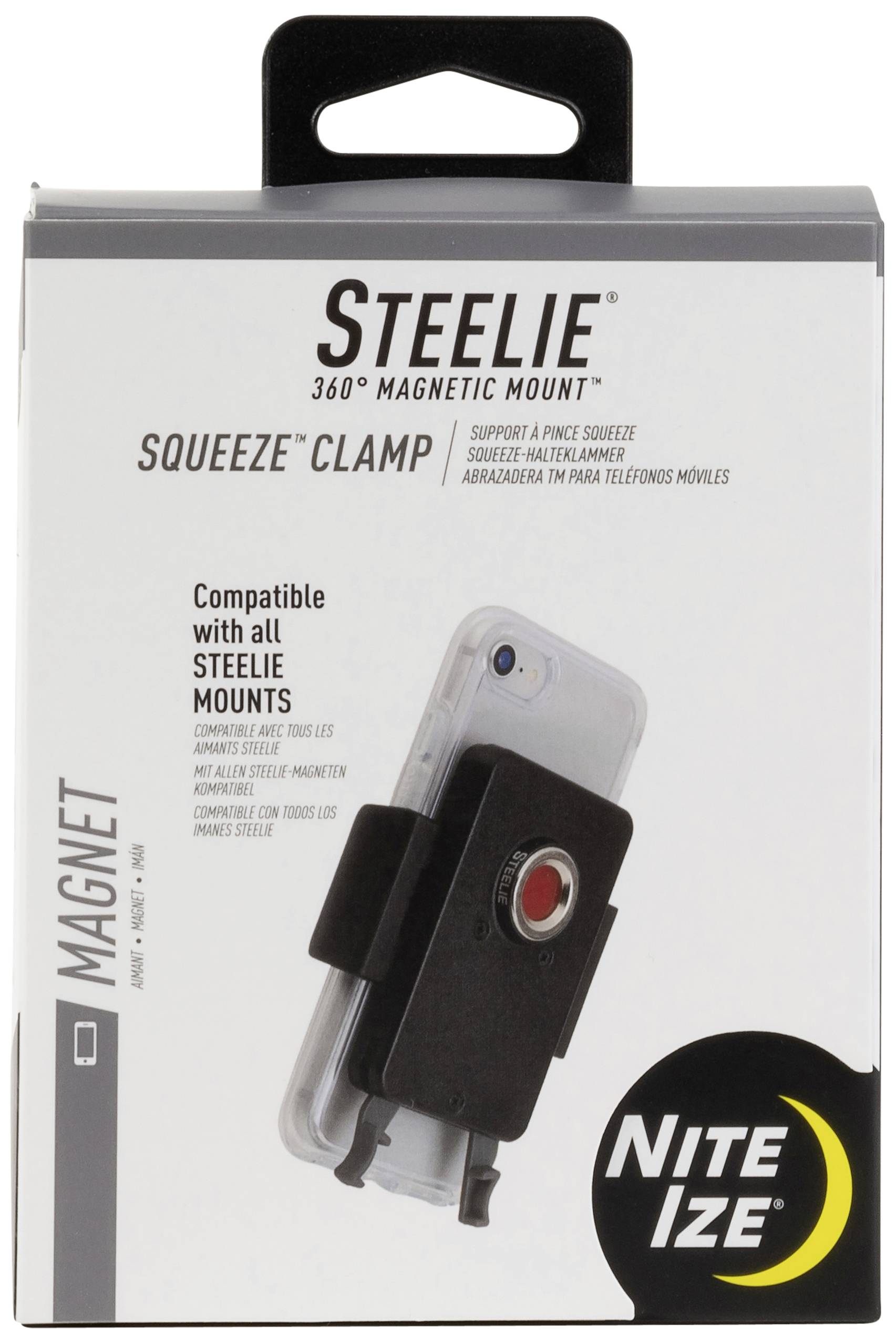 Egy Nite Ize 'Steelie Squeeze Clamp' mobiltelefon-tartó, kompatibilis minden Steelie rögzítővel, a termék csomagolásában bemutatva.