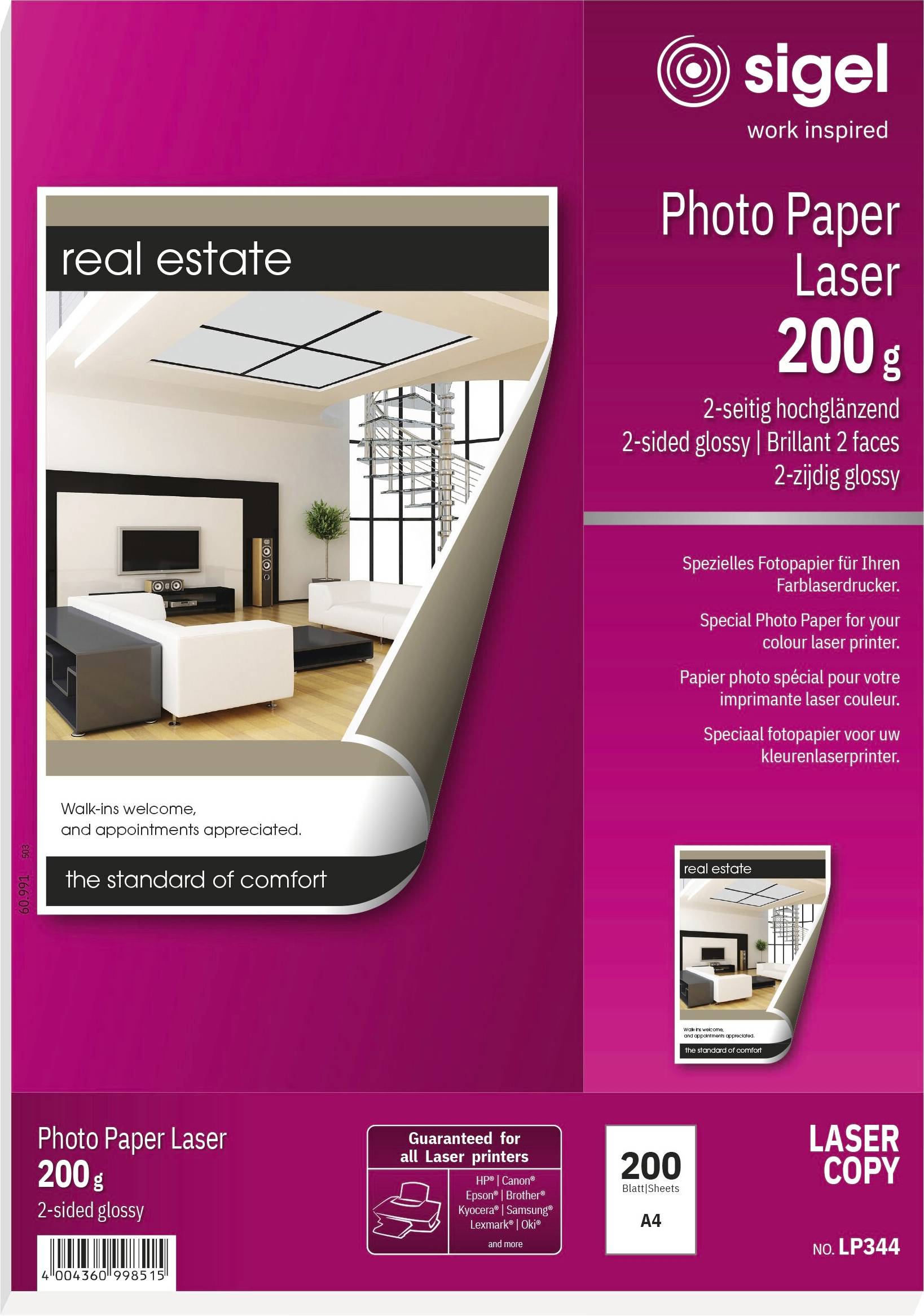 Sigel LP344 Papier photo DIN A4 200 g/m² 200 feuille(s) imprimable des deux côtés, ultra-brillant, pour imprimantes laser