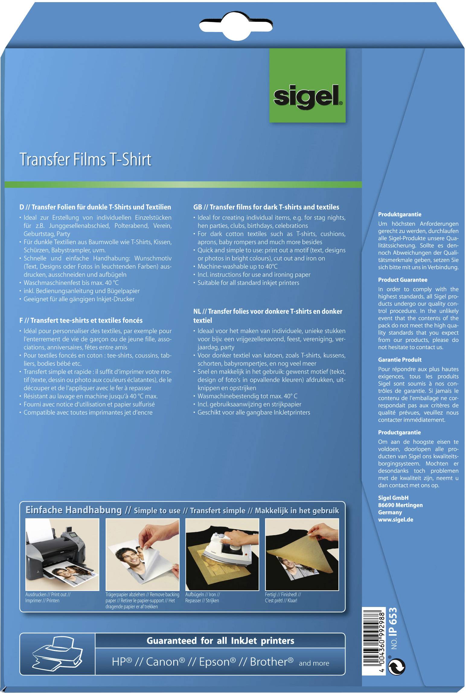 A T-shirt transzfer fólia csomagolásának hátoldala. Tartalmaz termékleírást és utasításokat több nyelven.