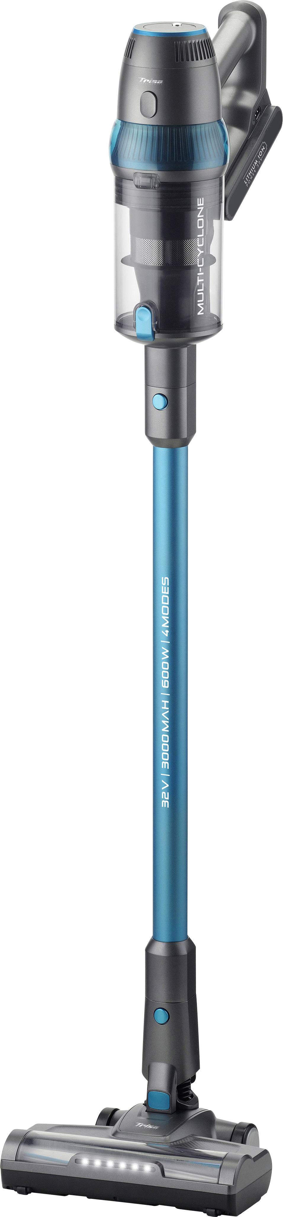 Vezeték nélküli, kék nyélporszívó szürke részletekkel és átlátszó porgyűjtővel, álló helyzetben, látható tartozékok nélkül.