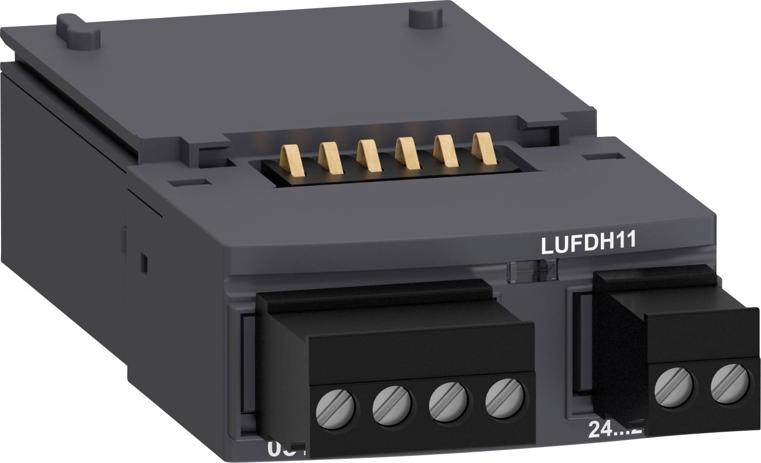 Fekete és szürke elektromos alkatrész, 'LUFDH11' jelöléssel, csatlakozókkal és foglalattal, amely valószínűleg elektromos bekötéshez vagy kapcsolóegységhez használható.