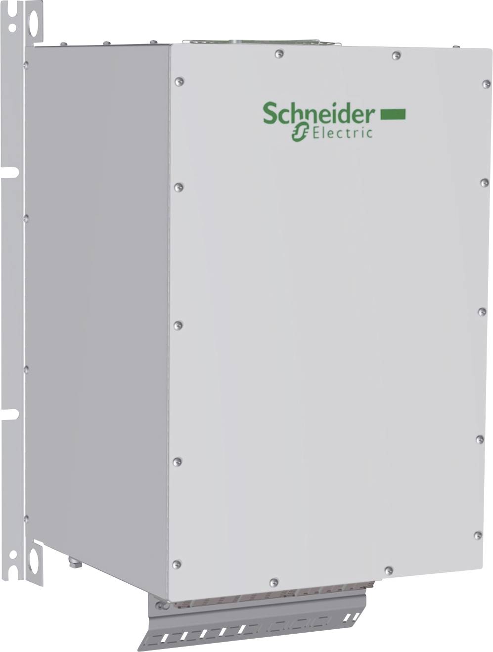 Egy téglalap alakú eszköz Schneider Electric logóval az oldalán, fali szerelésre alkalmas, valószínűleg egy elektronikai alkatrész.