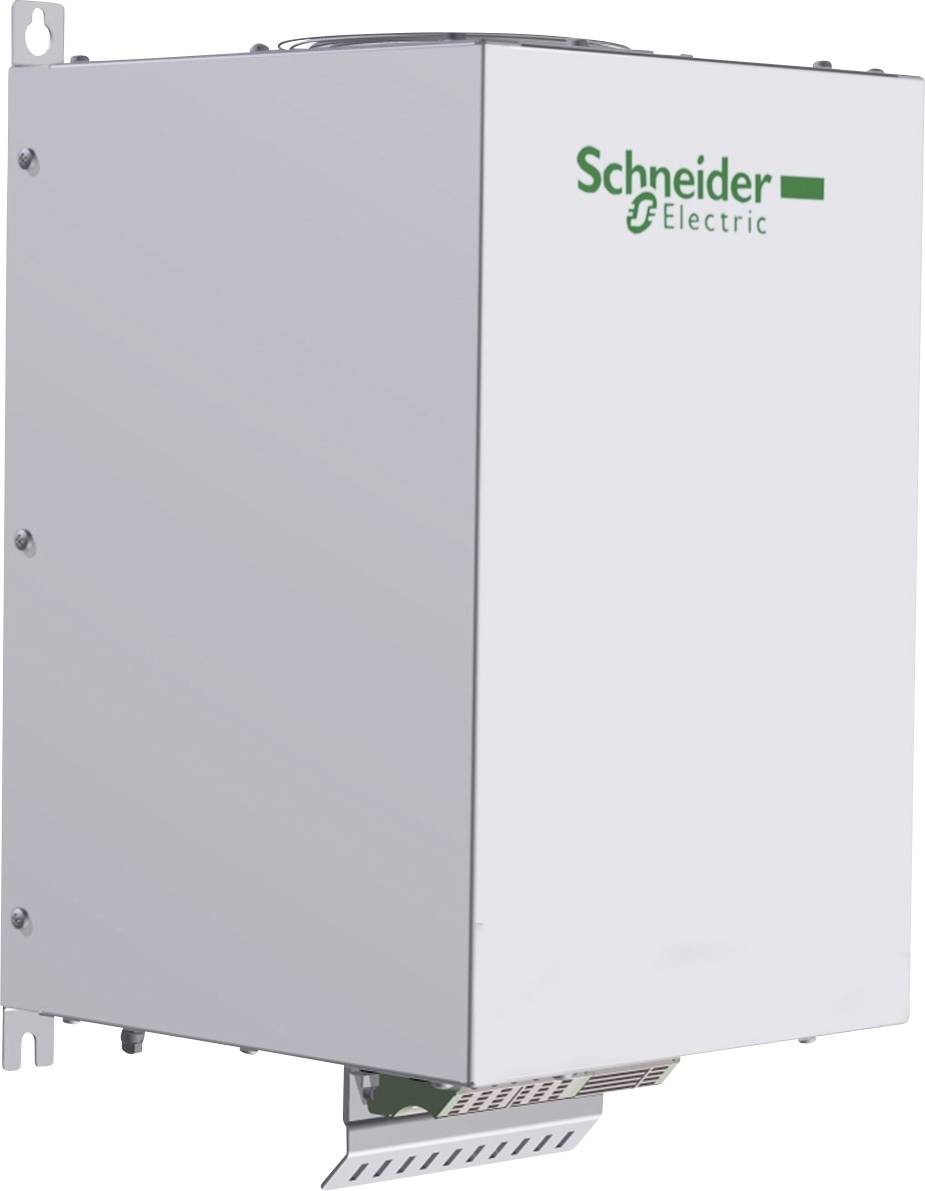 Egy Schneider Electric által gyártott elektromos készülék, szerelhető, fehér házban, ipari alkalmazásokra alkalmas.