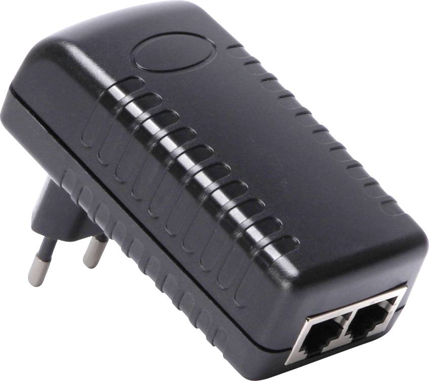 Egy fekete tápegység két Ethernet-csatlakozóval és európai típusú dugvillával, amely valószínűleg hálózati eszközök áramellátására szolgál.