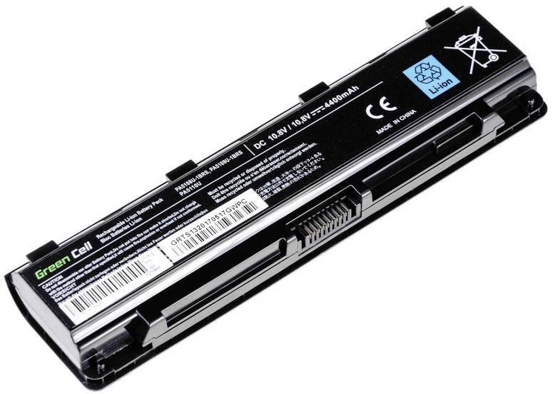 Laptop-akkumulátor, fekete téglalap alakú ház, matricával műszaki részletekről: 10,8V/4400mAh, CE-jelölés, újrahasznosítási szimbólumok.