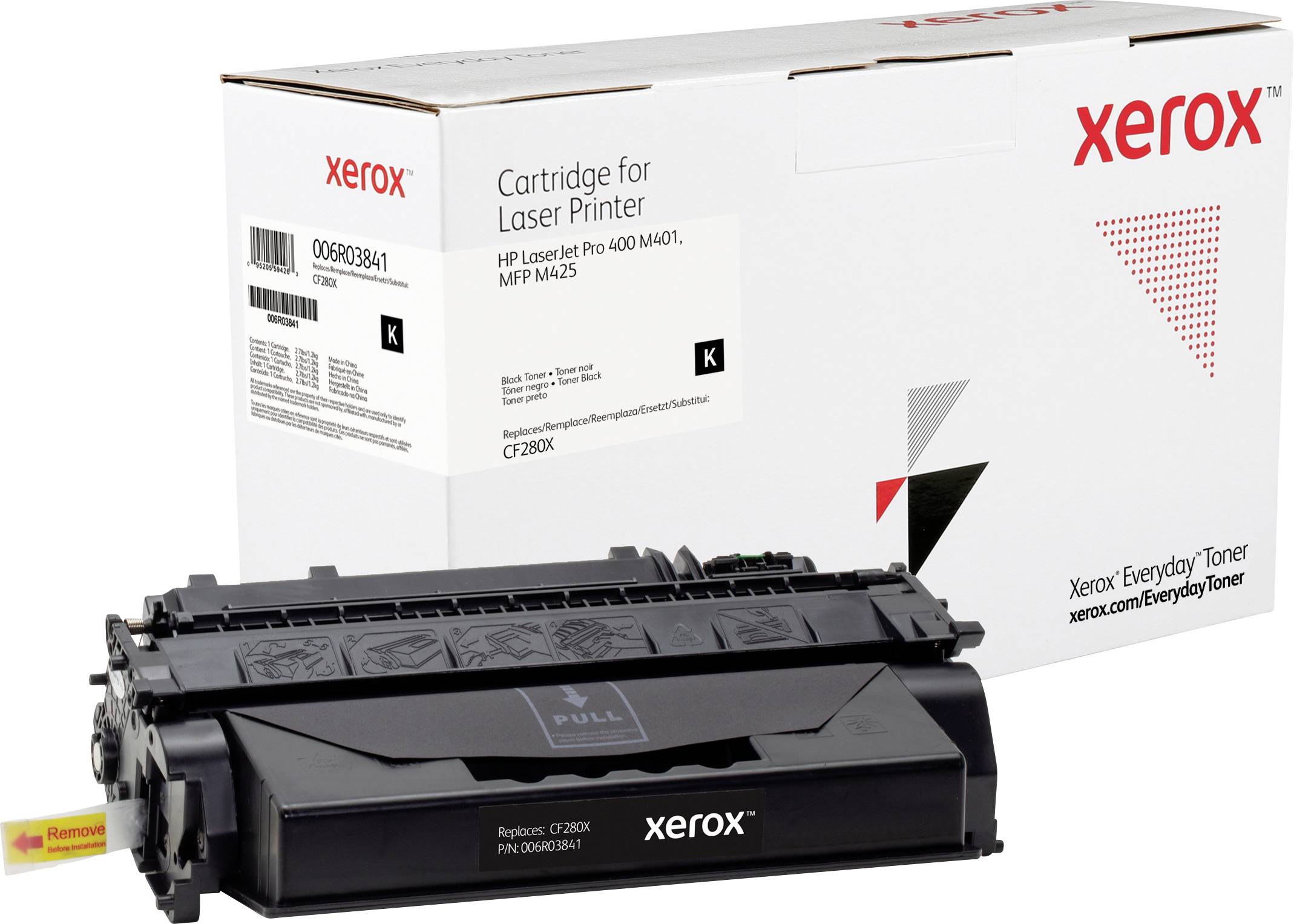 Egy Xerox tonerkazetta és csomagolás lézernyomtatóhoz. Modellezve a HP LaserJet Pro 400 M401, MFP M425 típushoz, 'K' típus.