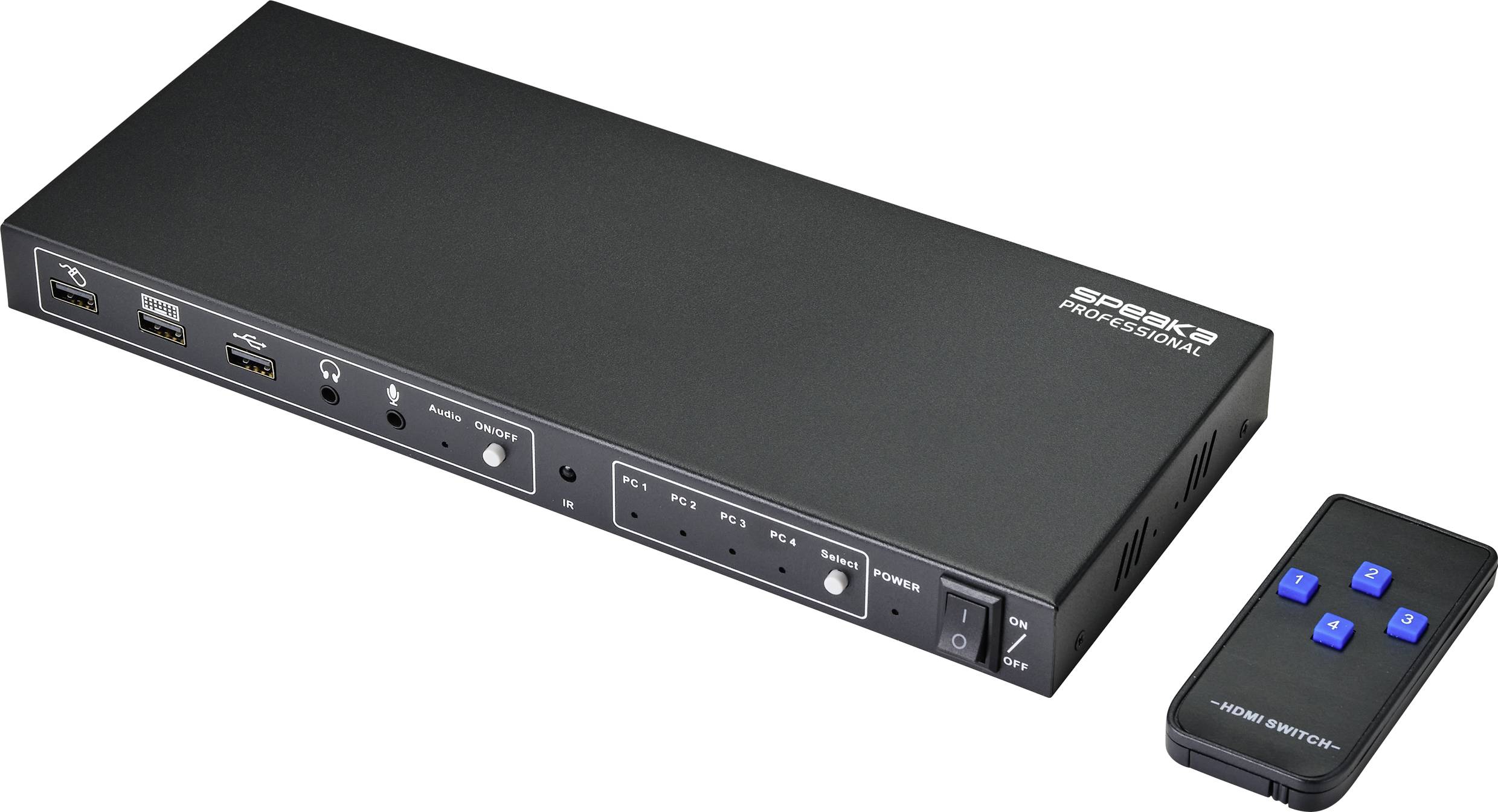 Egy fekete HDMI-elosztó négy gombbal és távirányítóval, amely több eszköz egy kijelzőhöz történő csatlakoztatására alkalmas.