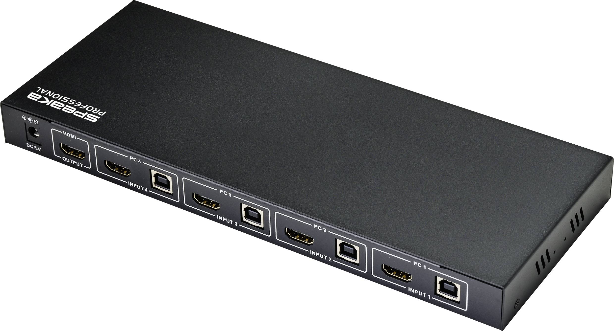 Egy fekete HDMI-elosztó több be- és kimeneti csatlakozóval. A tetején 'Sewell Direct' felirat látható.