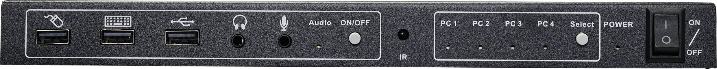 Egy négy USB-porttal, audio bemenettel és kimenettel, valamint számítógép-kiválasztó gombokkal rendelkező KVM-kapcsoló. Jobb oldalán egy be-/kikapcsoló gomb található.