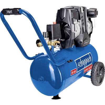 Kék kompresszor fekete motorral, két kerékkel és fogantyúval. Felirata 'Scheppach Super Silent 60 dB'.