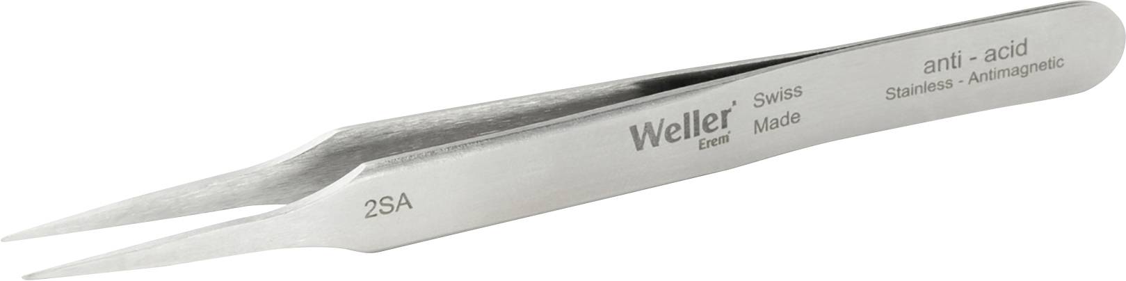 Rozsdamentes precíziós csipesz keskeny, hegyes végekkel. Felirat: 'Weller', '2SA', 'Swiss Made', 'saválló', 'rozsdamentes', 'mágnesezhetetlen'.