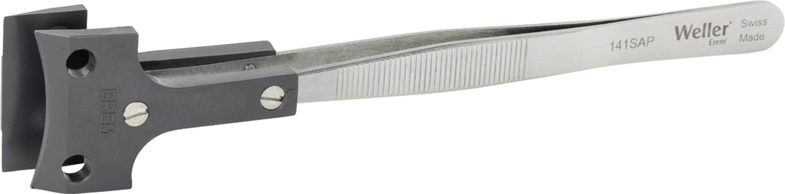 Egy szürke Weller Swiss Made forrasztópáka tartó fémből, egyenes nyéllel és két csavarral a fejrészén, oldalnézetben.