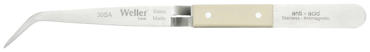 'Antisztatikus, saválló rozsdamentes acél csipesz hajlított hegyű, műanyag markolattal, Weller márkanévvel, Svájcban gyártva.'