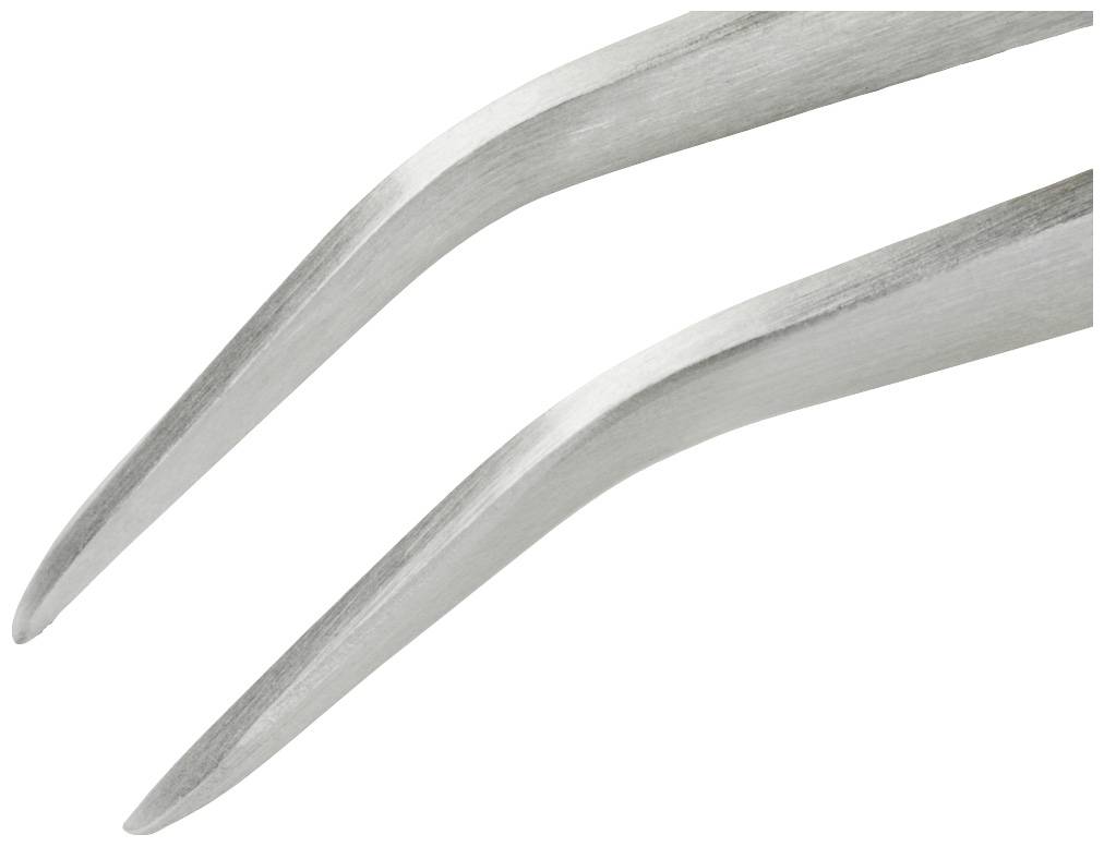 Két ezüstös, enyhén hajlított végű eszköz hegyének képe fehér háttér előtt, amelyek valószínűleg egy csipesz részei.