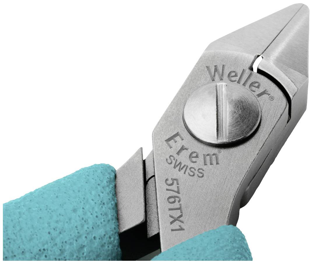 Csipesz 'Weller Erem SWISS 576TX1' felirattal, rozsdamentes acélból, türkiz markolattal, precíziós vágásra alkalmas.