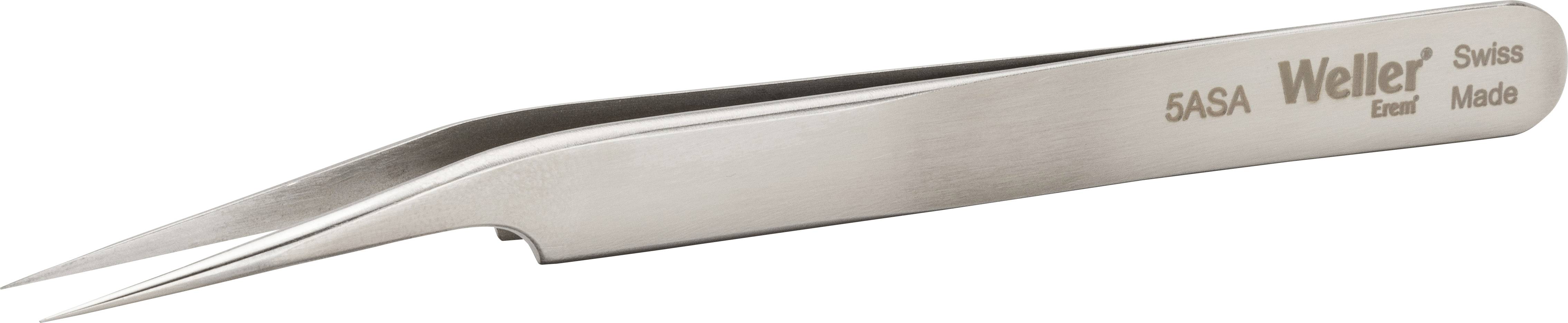 Egy finoman hegyes rozsdamentes acél csipesz, amelyen a 'Weller Erem Swiss Made' és '5ASA' felirat szerepel. Precíziós munkákhoz használják.
