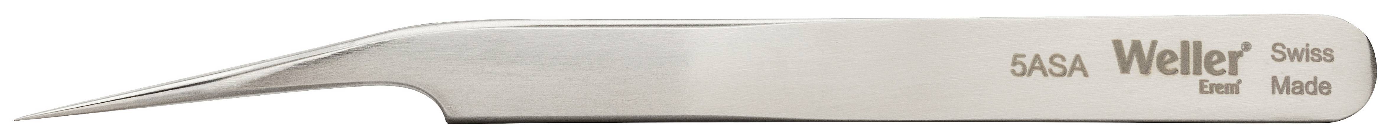Egy hegyes végű rozsdamentes acél csipesz, amelyre a '5ASA Weller Swiss Made' felirat van gravírozva.